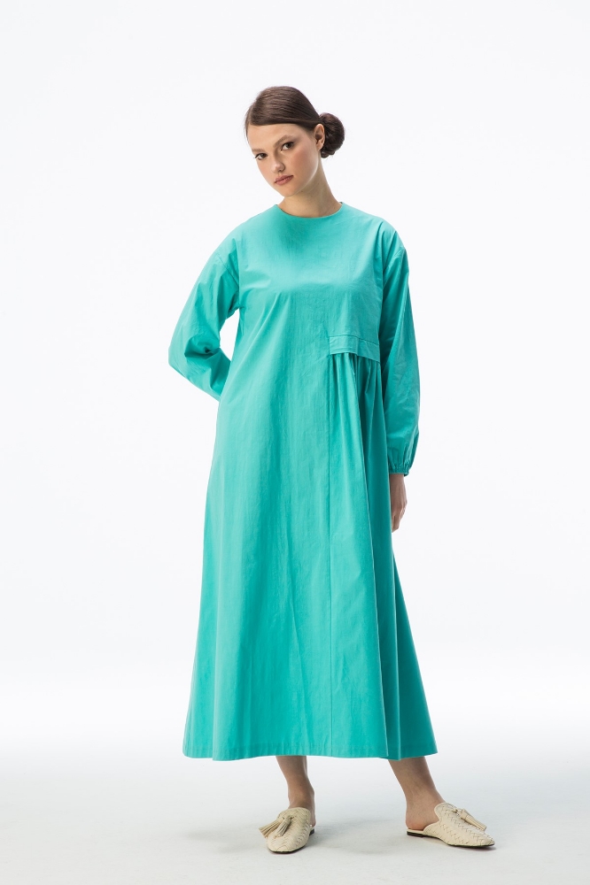 Resim Büzgü Detaylı Elbise - Cam Göbeği