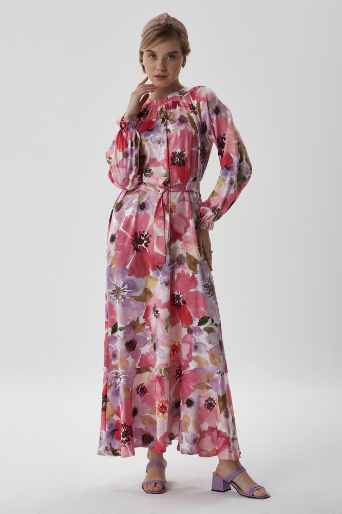 Resim Volanlı Krep Elbise - Pembe Çiçek